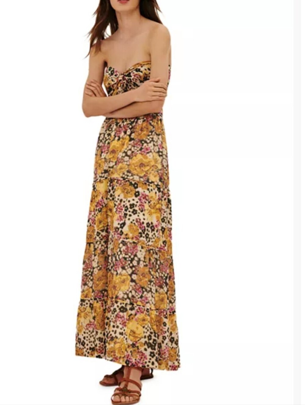 Ba&Sh Dalid Printed Maxi Dress Size 1 Strapless Floral Maxi Dress in Mustard